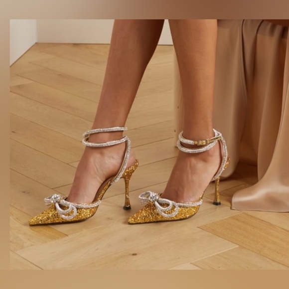 MACH & MACH Double Bow Crystal Gold Glitter Heels size 41.5/11.5 - Picture 1 of 12